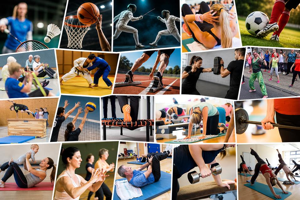 Zusammenstellung aus verschiedenen Sportarten, darunter Badminton, Basketball, Fechte, Fitness, Fu&szlig;ball, Gymnastik, Judo, Leichtathletik, Selbstverteidigung, Zumba, Kinderturnen, Volleyball, Jumping und weiteren.